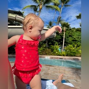 18 month old 2 piece swimsuit. Magenta pink with gold unicorns